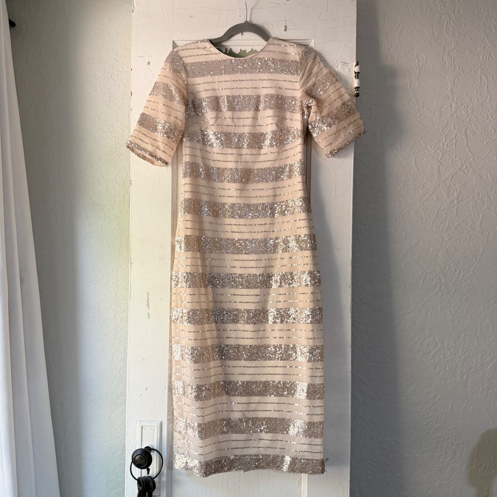 Vince Camuto Champagne Gold Sequin Striped Midi Sheath Dress Size 2